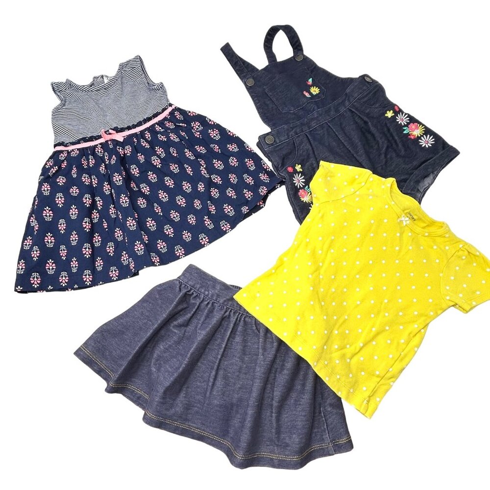 Baby Girl's - Navy Blue Dress. Bibbed Shorts, Skirt, Yellow Shirt - Size 18 Mont